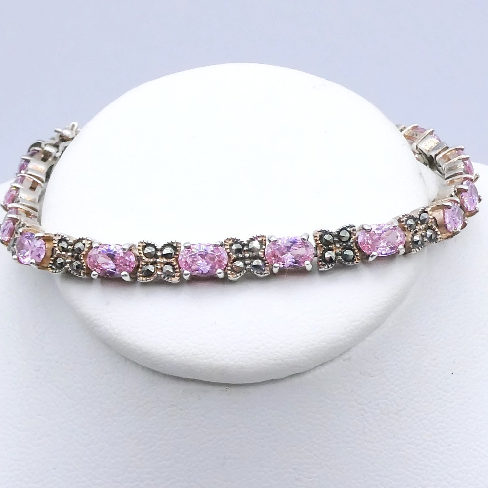 Chapel Zenray Vintage Sterling Silver Pink CZ Marcasite Tennis Bracelet 7.5"